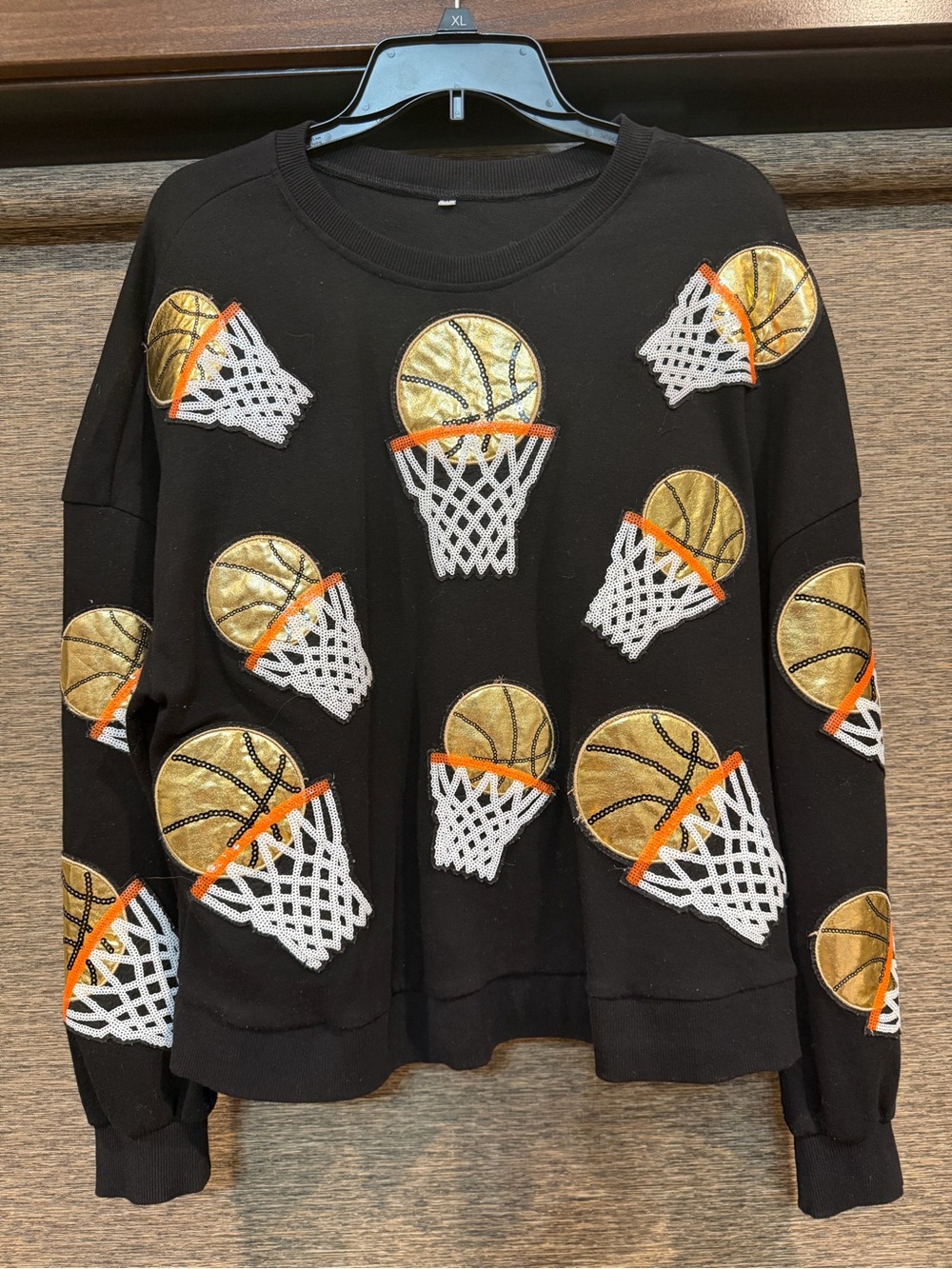 Black Women's Sweatshirt with Gold Basketball Appliqués